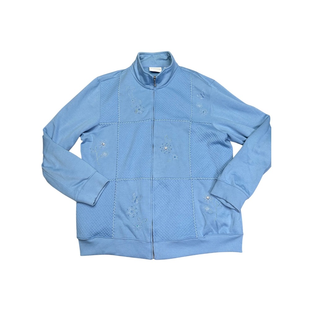Alfred Dunner Quilted Floral Embroidered Zip Sweatshirt Womens 18 Light‎ Blue
